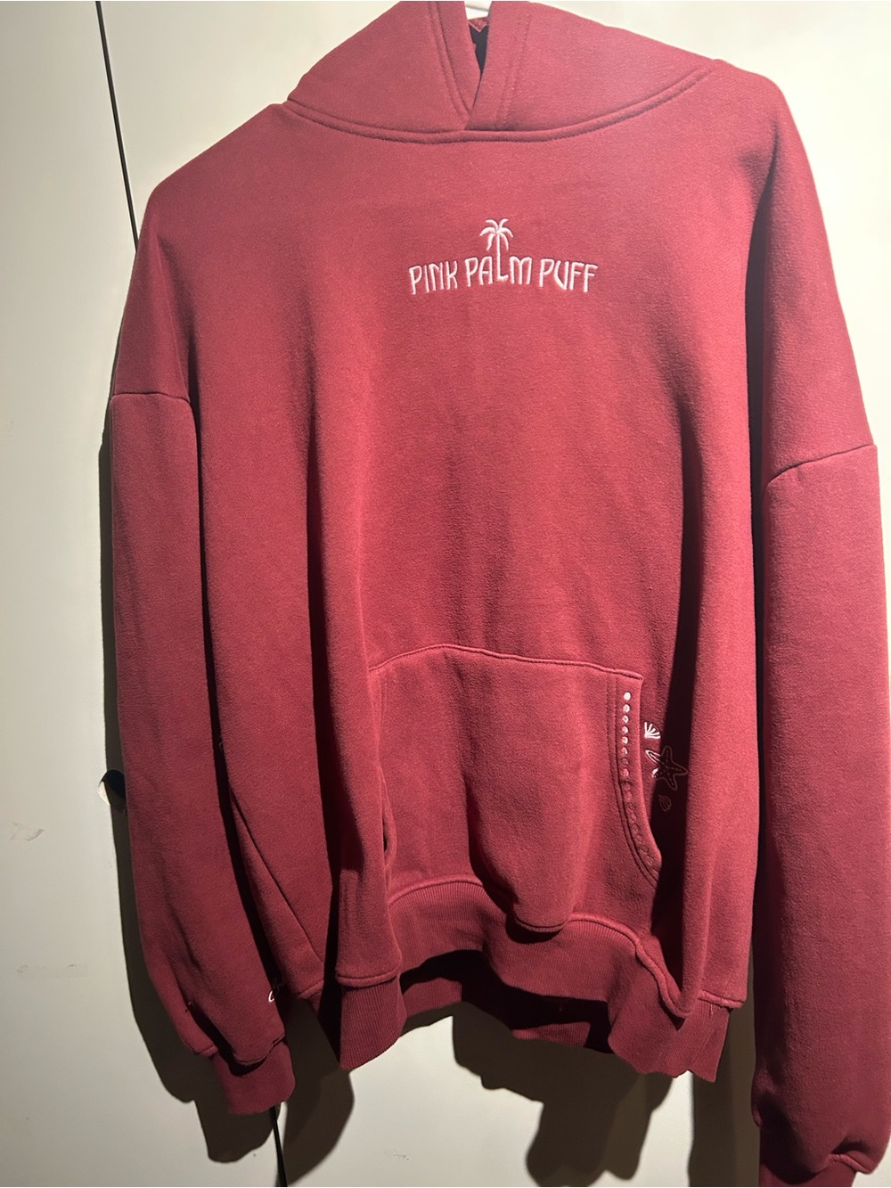 Pink Palm Puff “Live in the Moment" Hoodie in Cherry